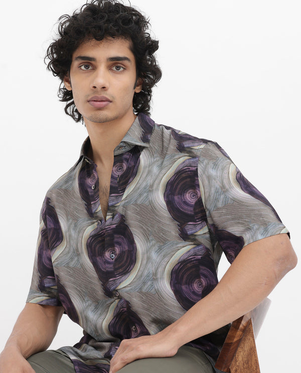 Rare Rabbit Men's Marock Dusky Olive Viscose Fabric Half Sleeves Boxy Fit Abstract Print Shirt