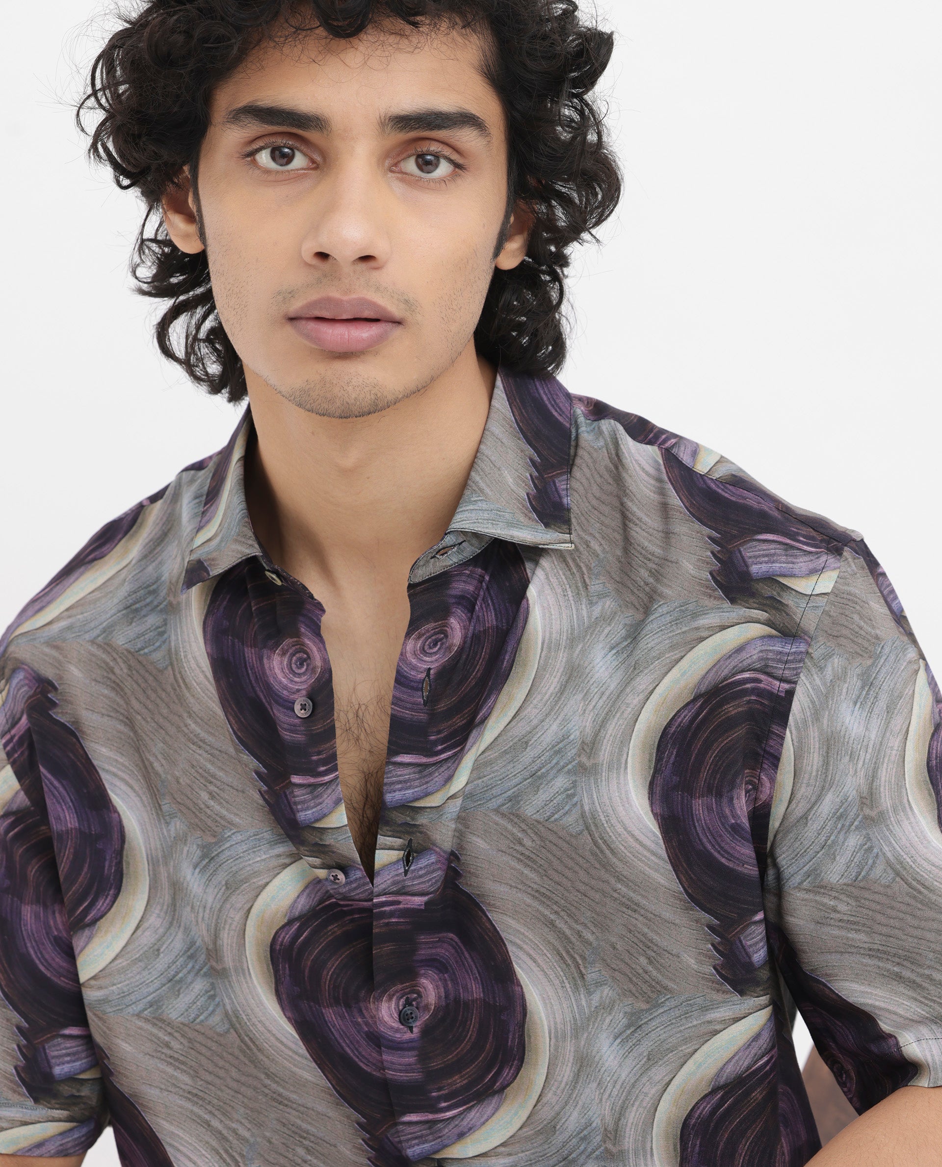 Rare Rabbit Men's Marock Dusky Olive Viscose Fabric Half Sleeves Boxy Fit Abstract Print Shirt