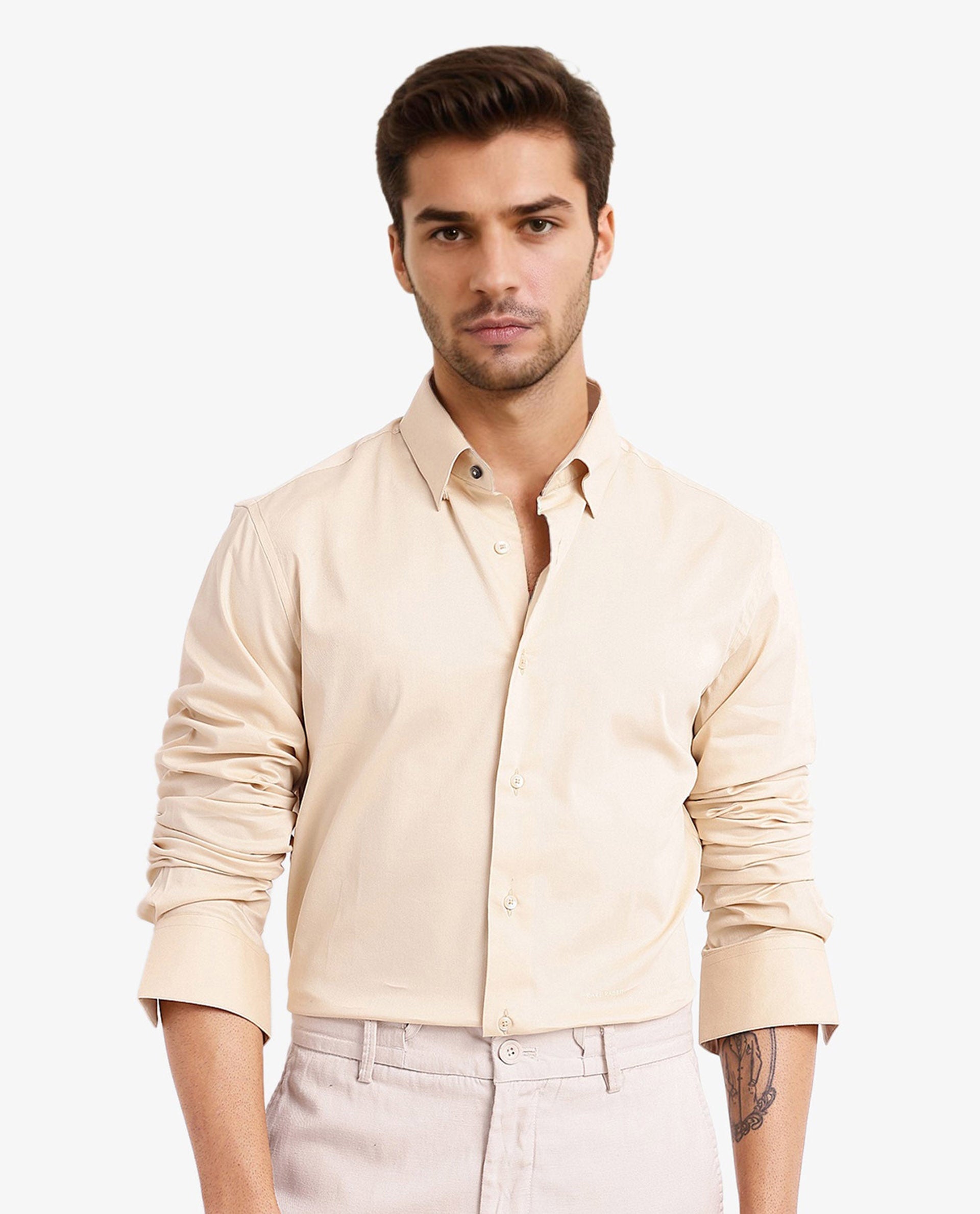 Rare Rabbit Men Mawz Light Yellow Cotton Polyester Fabric Full Sleeve Regular Fit Plain Twill Shirt