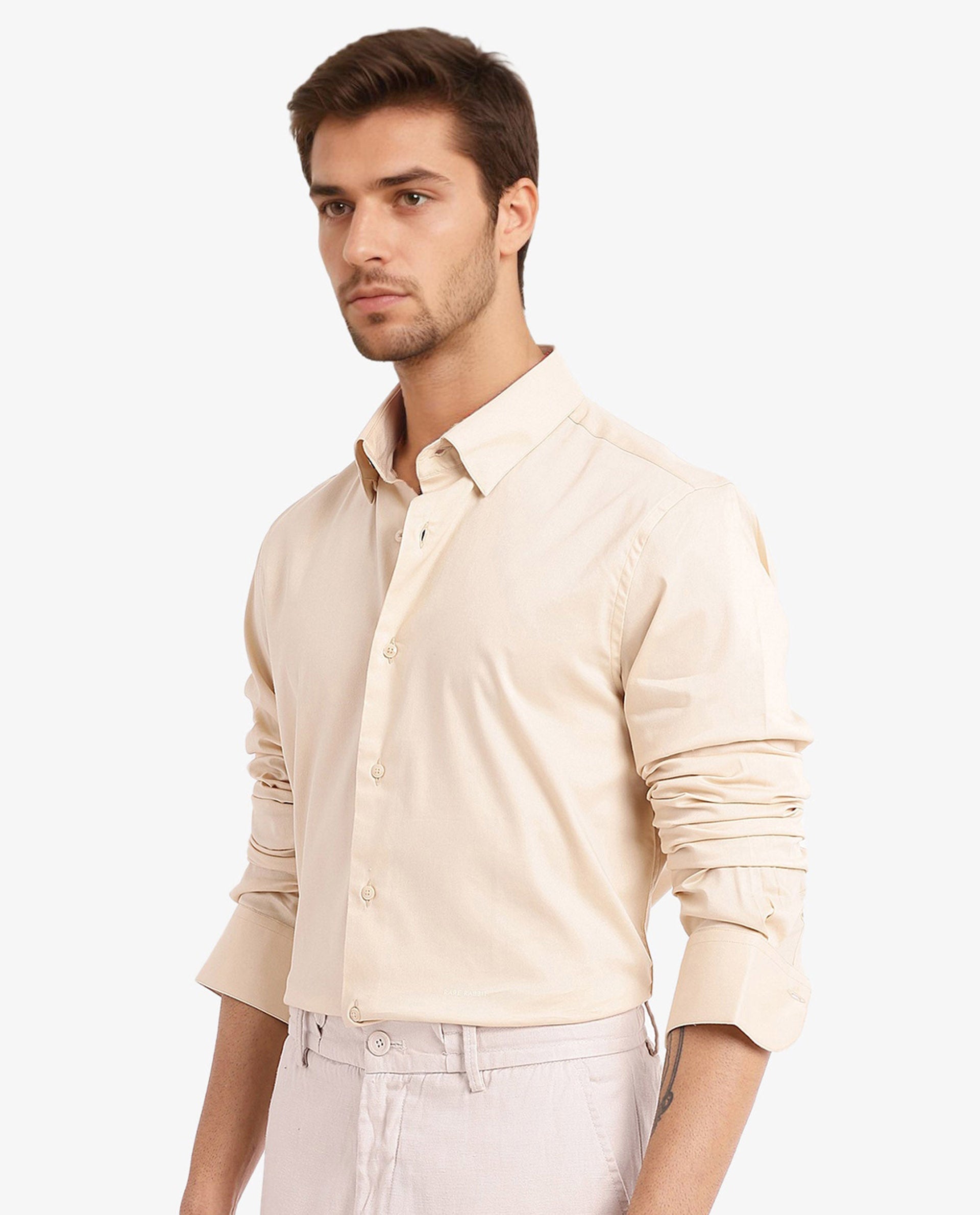 Rare Rabbit Men Mawz Light Yellow Cotton Polyester Fabric Full Sleeve Regular Fit Plain Twill Shirt