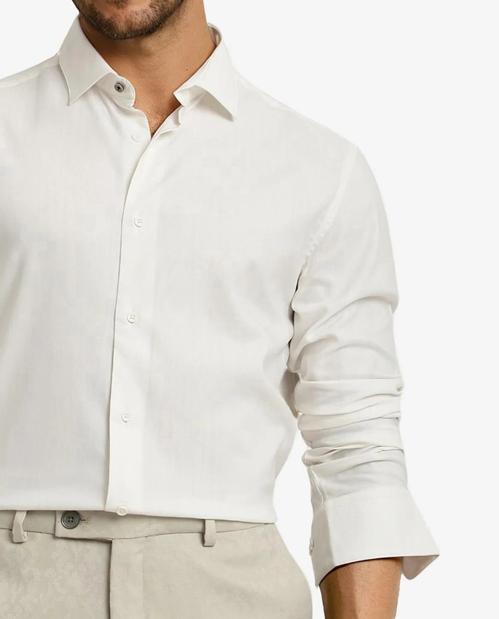 Rare Rabbit Men Mer White Viscose Polyester Lycra Fabric Full Sleeve Button Closure Regular Fit Herringbone Textured Shirt