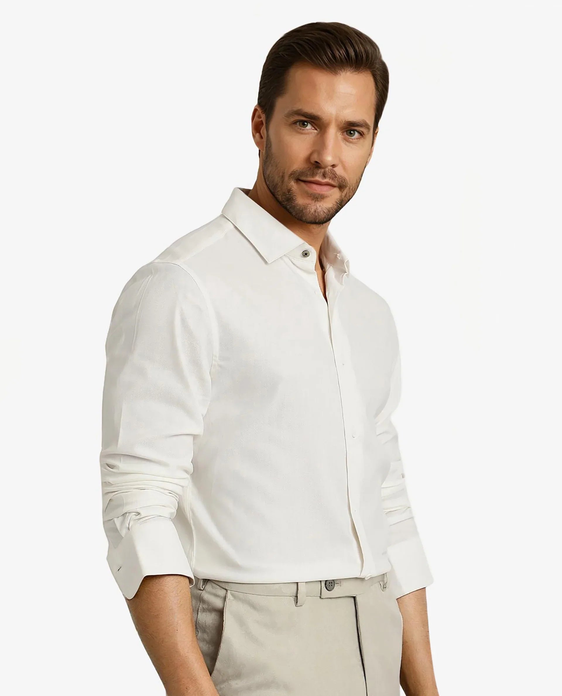 Rare Rabbit Men Mer White Viscose Polyester Lycra Fabric Full Sleeve Button Closure Regular Fit Herringbone Textured Shirt