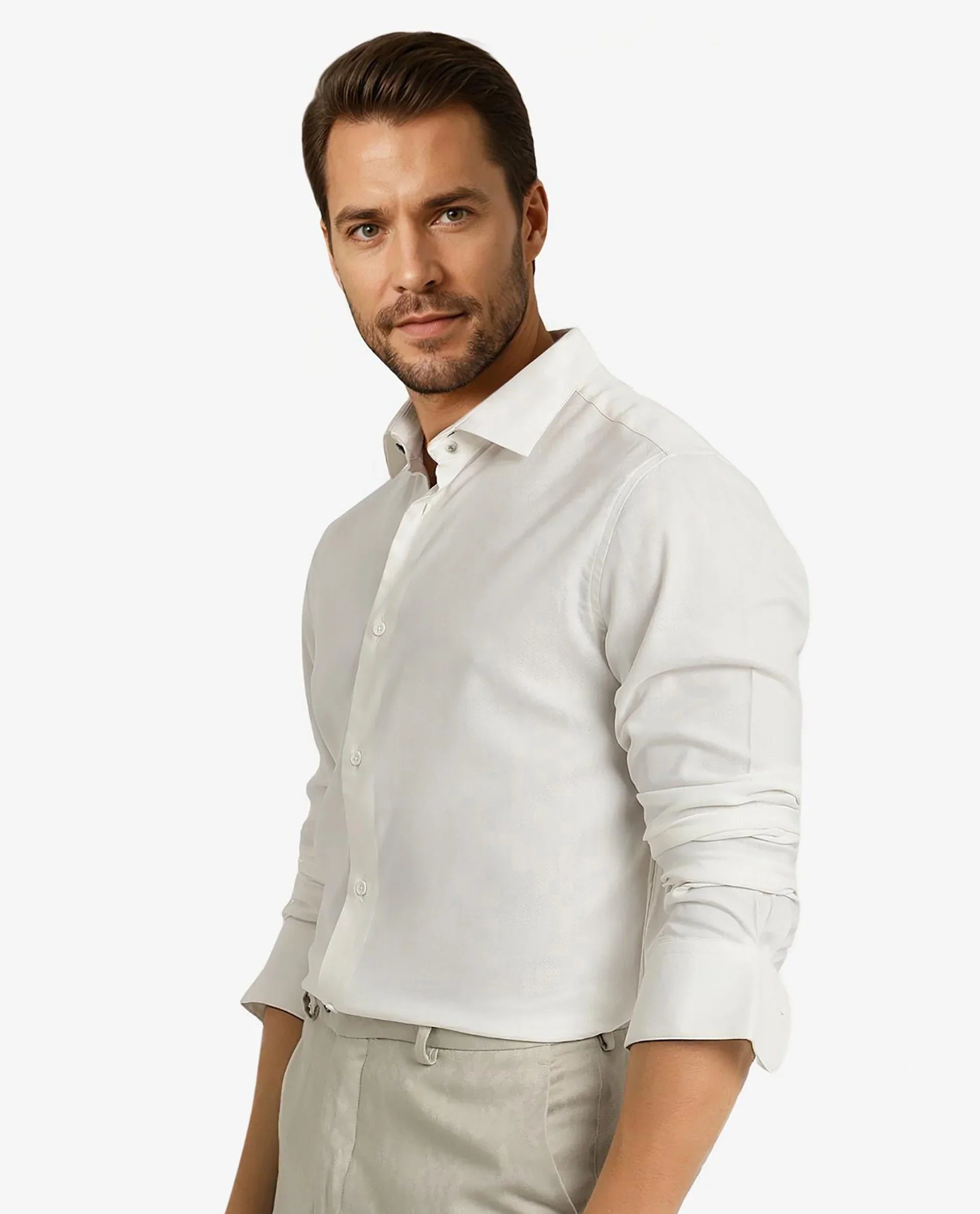 Rare Rabbit Men Mer White Viscose Polyester Lycra Fabric Full Sleeve Button Closure Regular Fit Herringbone Textured Shirt