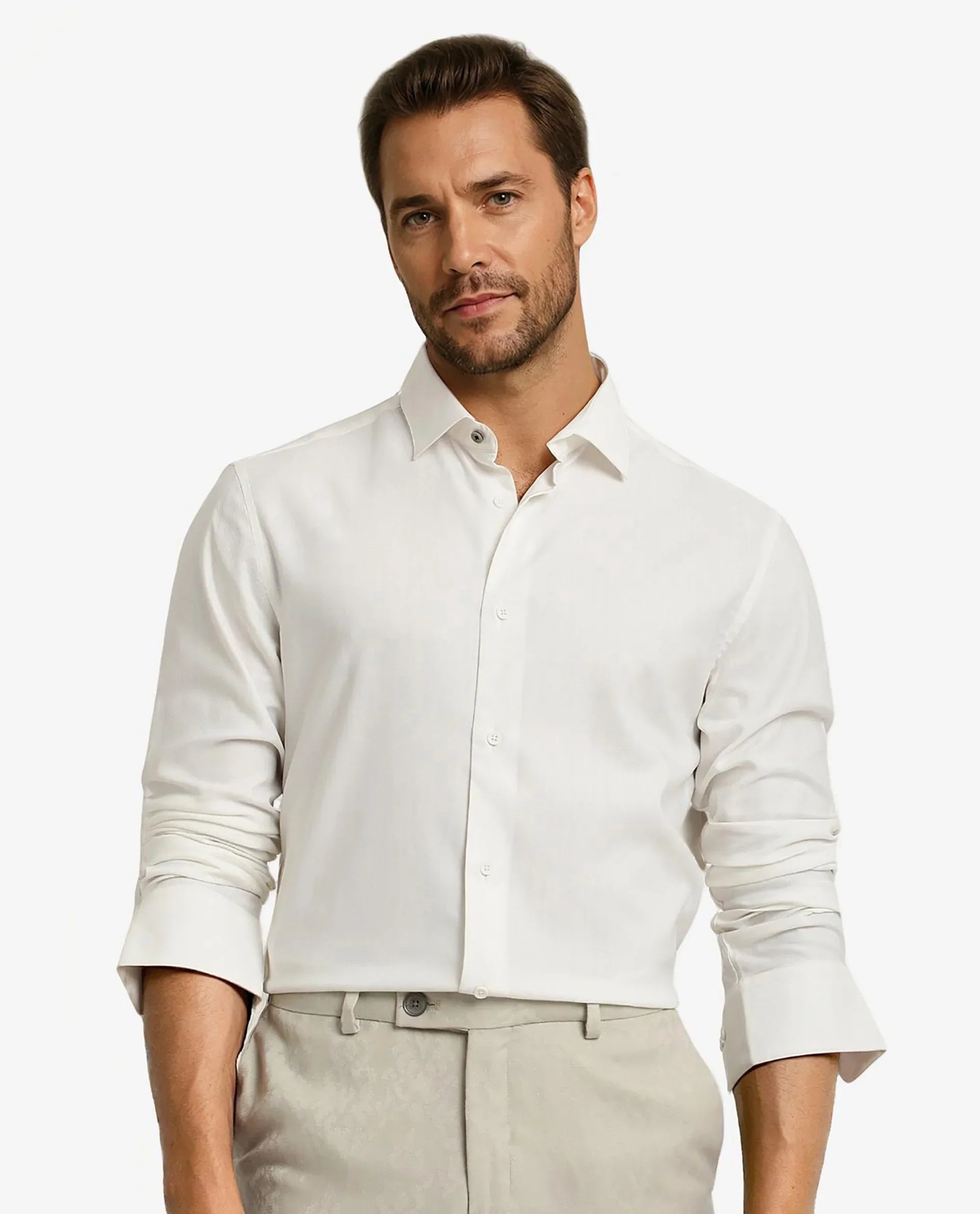 Rare Rabbit Men Mer White Viscose Polyester Lycra Fabric Full Sleeve Button Closure Regular Fit Herringbone Textured Shirt