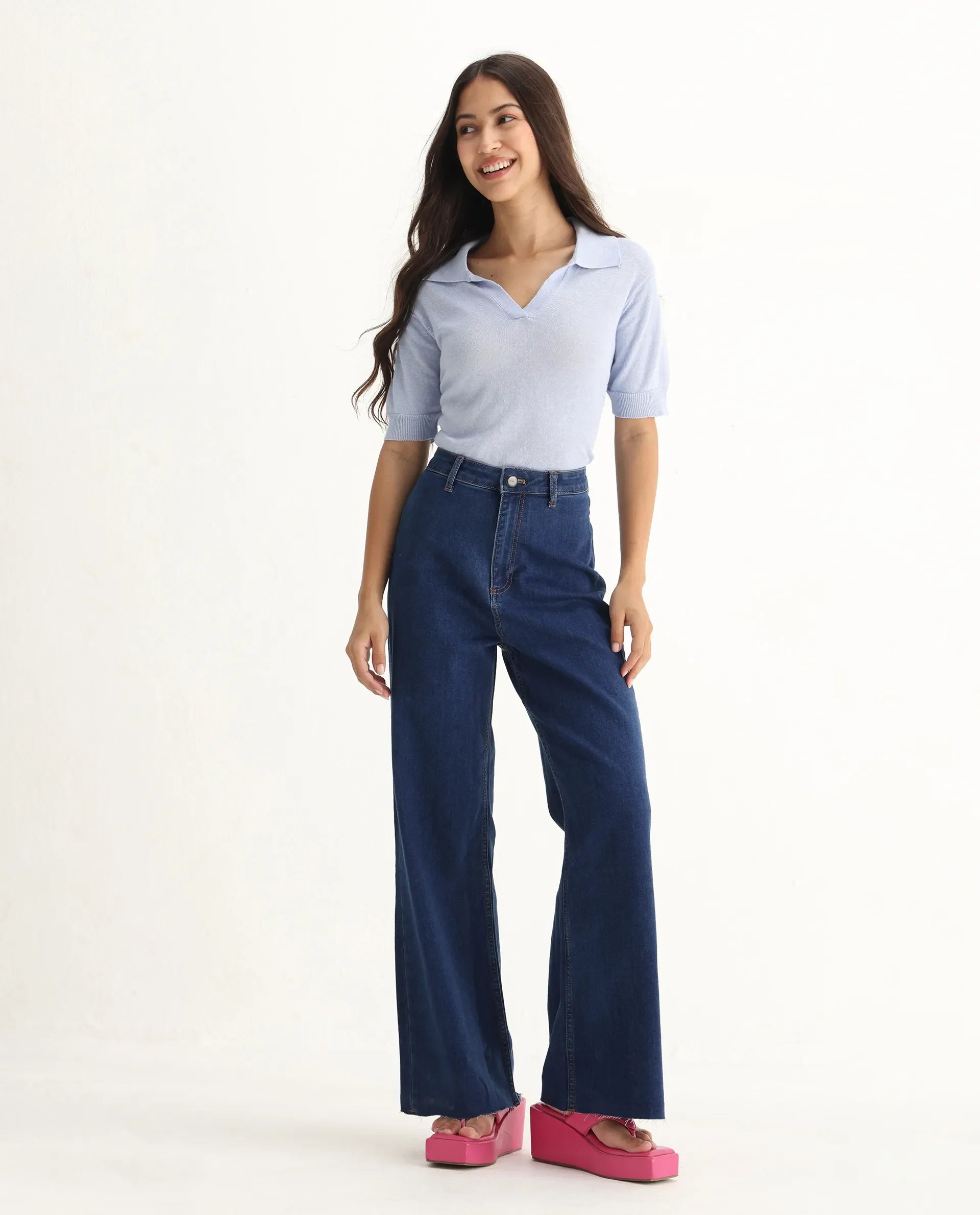 Rareism Women Miniko Dark Blue Cotton Elastane Fabric Solid Regular Length Jeans