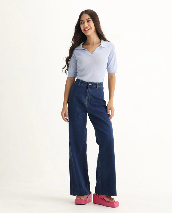 Rareism Women Miniko Dark Blue Cotton Elastane Fabric Solid Regular Length Jeans