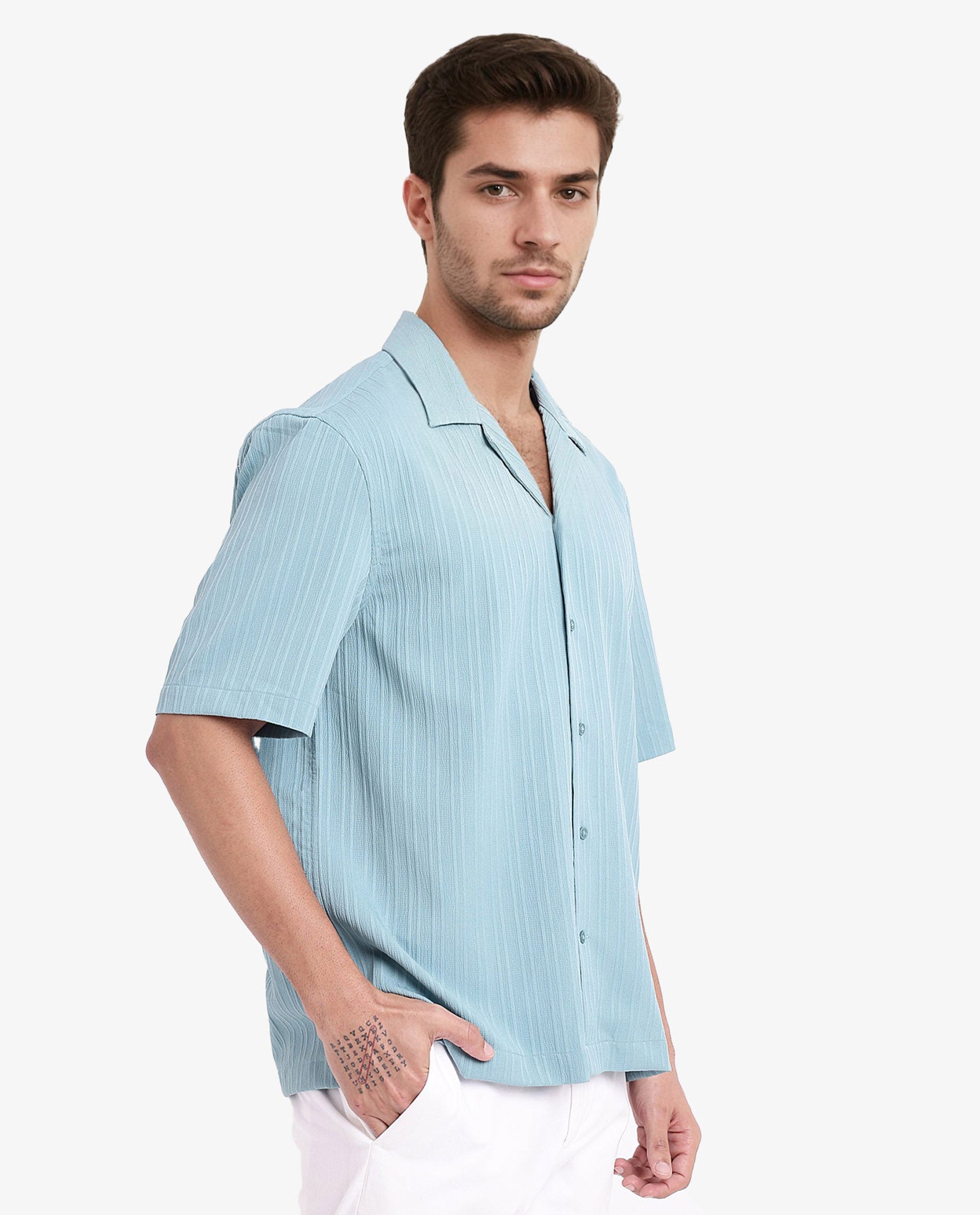 Rare Rabbit Men's Mirtilo Turq Polyester Fabric Short Sleeve Cuban Collar Self Stripe Textured Shirt