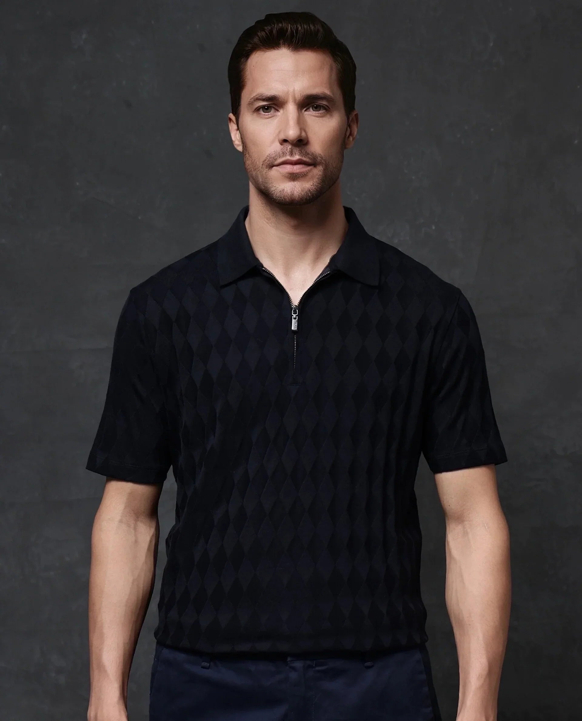 Rare Rabbit Men Mon Navy Short Sleeve Regular Collar Zipper Closure Jacquard Polo
