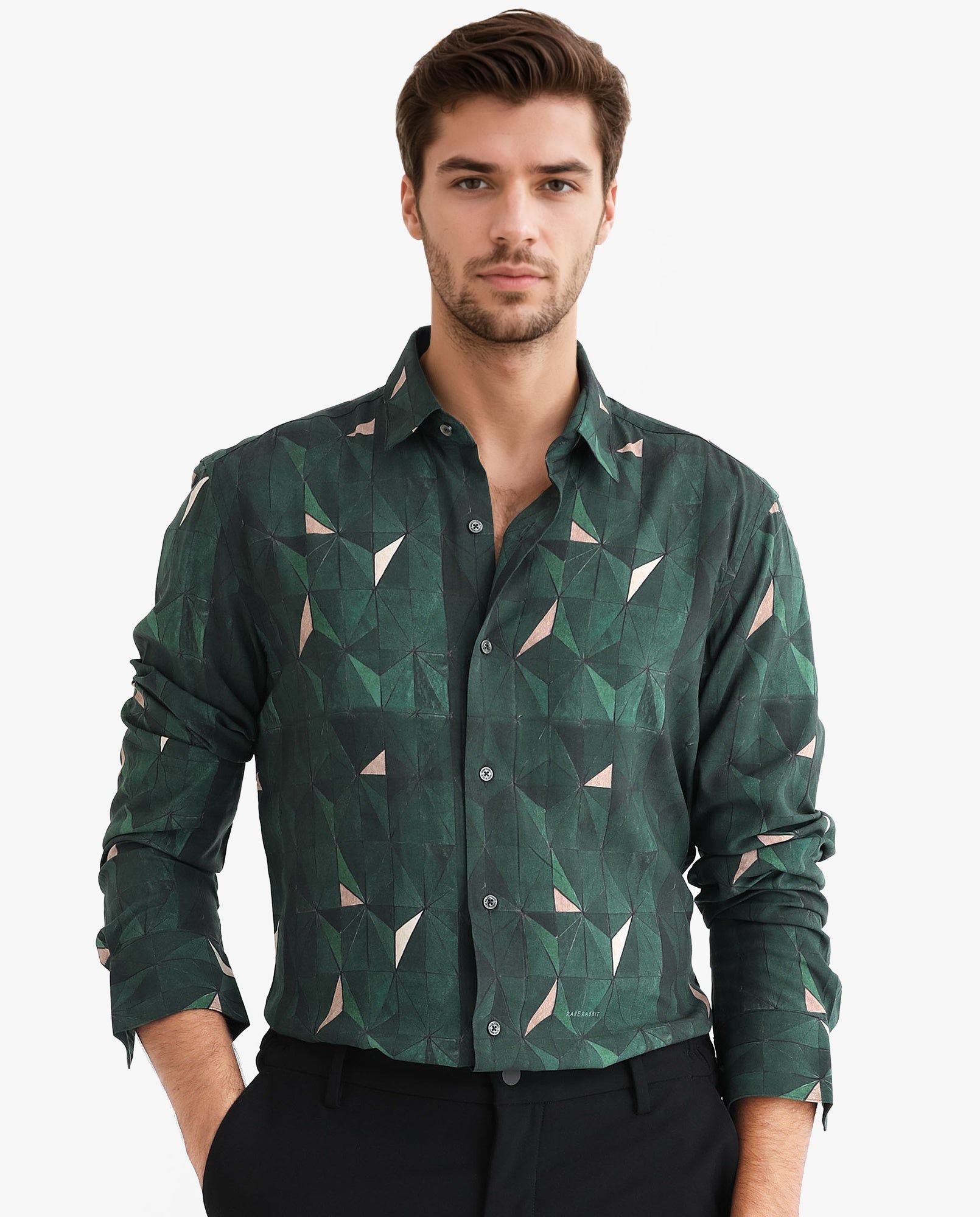 Rare Rabbit Men's Mose Green Viscose Fabric Geometric Print Full Sleeves Shirt