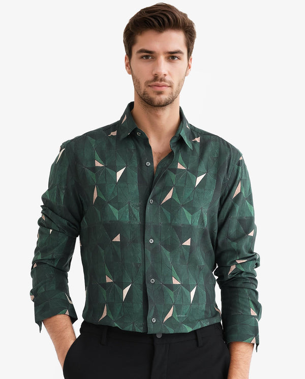 Rare Rabbit Men's Mose Green Viscose Fabric Geometric Print Full Sleeves Shirt
