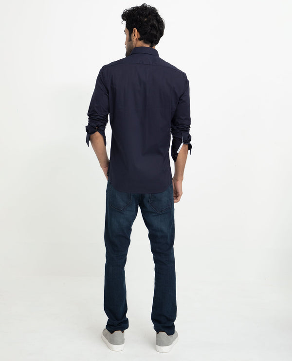 Rare Rabbit Men's Neutons Navy Cotton Lycra Fabric Full Sleeves Solid Shirt