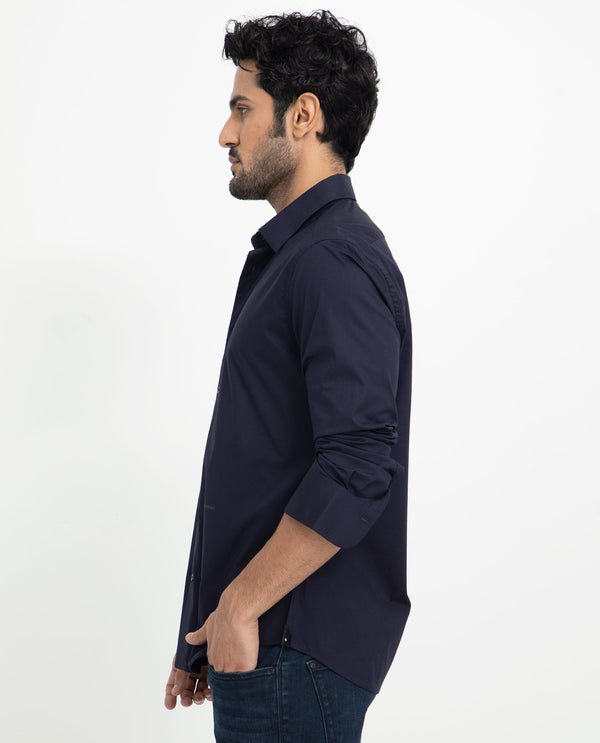 Rare Rabbit Men's Neutons Navy Cotton Lycra Fabric Full Sleeves Solid Shirt