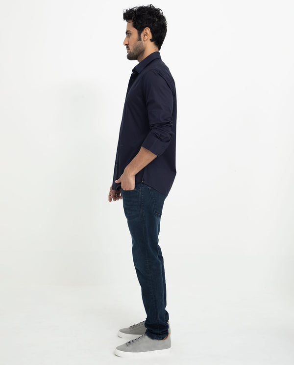 Rare Rabbit Men's Neutons Navy Cotton Lycra Fabric Full Sleeves Solid Shirt