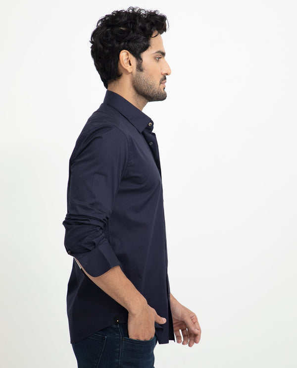 Rare Rabbit Men's Neutons Navy Cotton Lycra Fabric Full Sleeves Solid Shirt