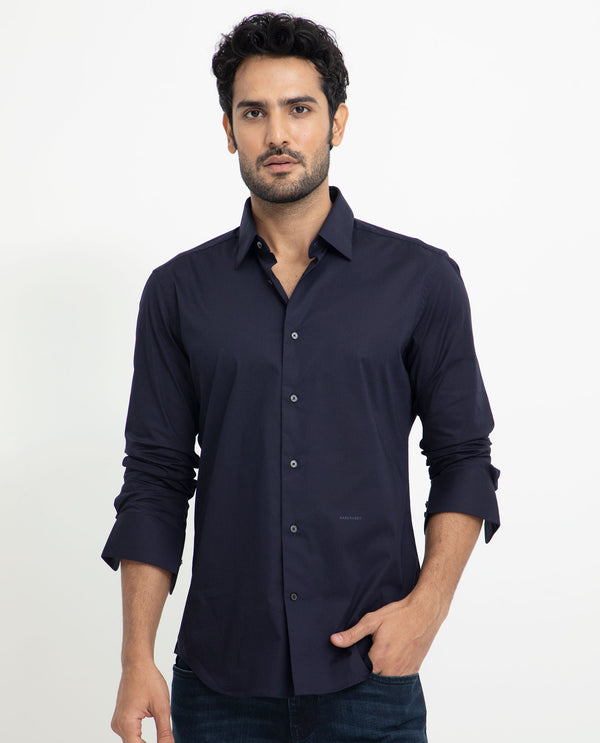 Rare Rabbit Men's Neutons Navy Cotton Lycra Fabric Full Sleeves Solid Shirt