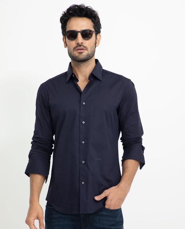 Rare Rabbit Men's Neutons Navy Cotton Lycra Fabric Full Sleeves Solid Shirt