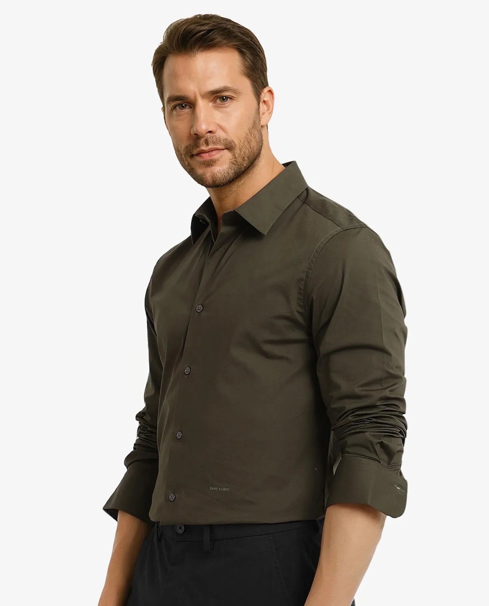 Rare Rabbit Men Neutron-9 Olive Cotton Fabric Full Sleeves Regular Fit Solid Shirt