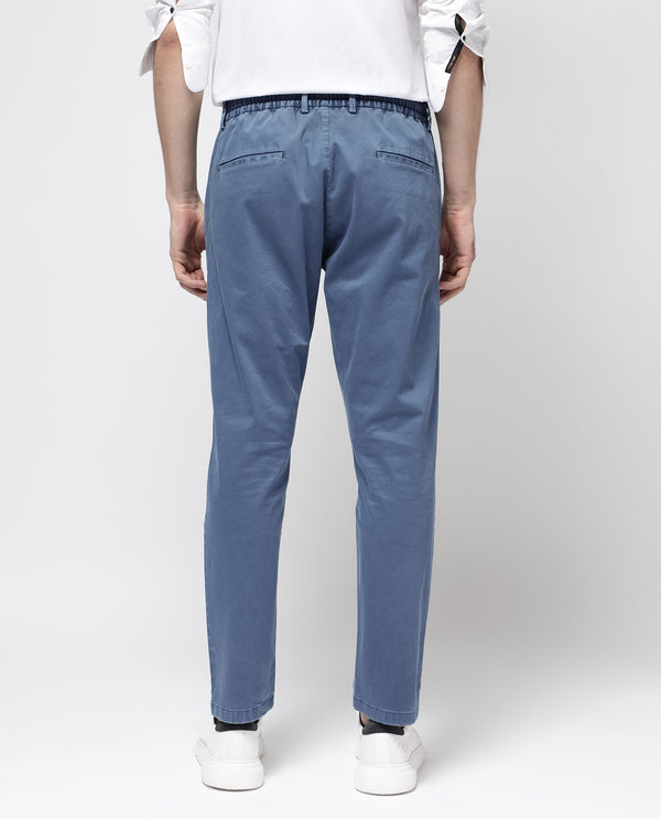 Rare Rabbit Mens Orany Blue Cotton Lycra Solid Mid Rise Overdyed Regular Fit Trouser