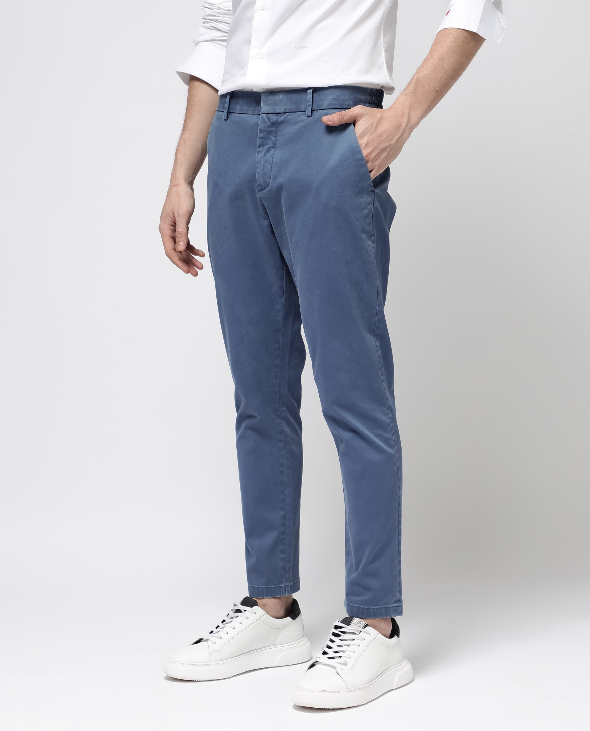 Rare Rabbit Mens Orany Blue Cotton Lycra Solid Mid Rise Overdyed Regular Fit Trouser