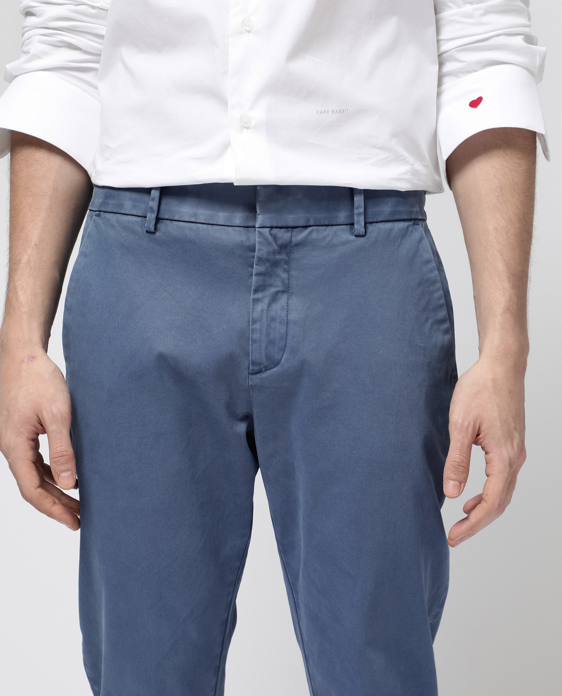 Rare Rabbit Mens Orany Blue Cotton Lycra Solid Mid Rise Overdyed Regular Fit Trouser