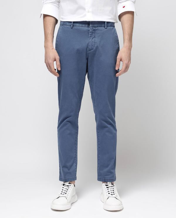 Rare Rabbit Mens Orany Blue Cotton Lycra Solid Mid Rise Overdyed Regular Fit Trouser