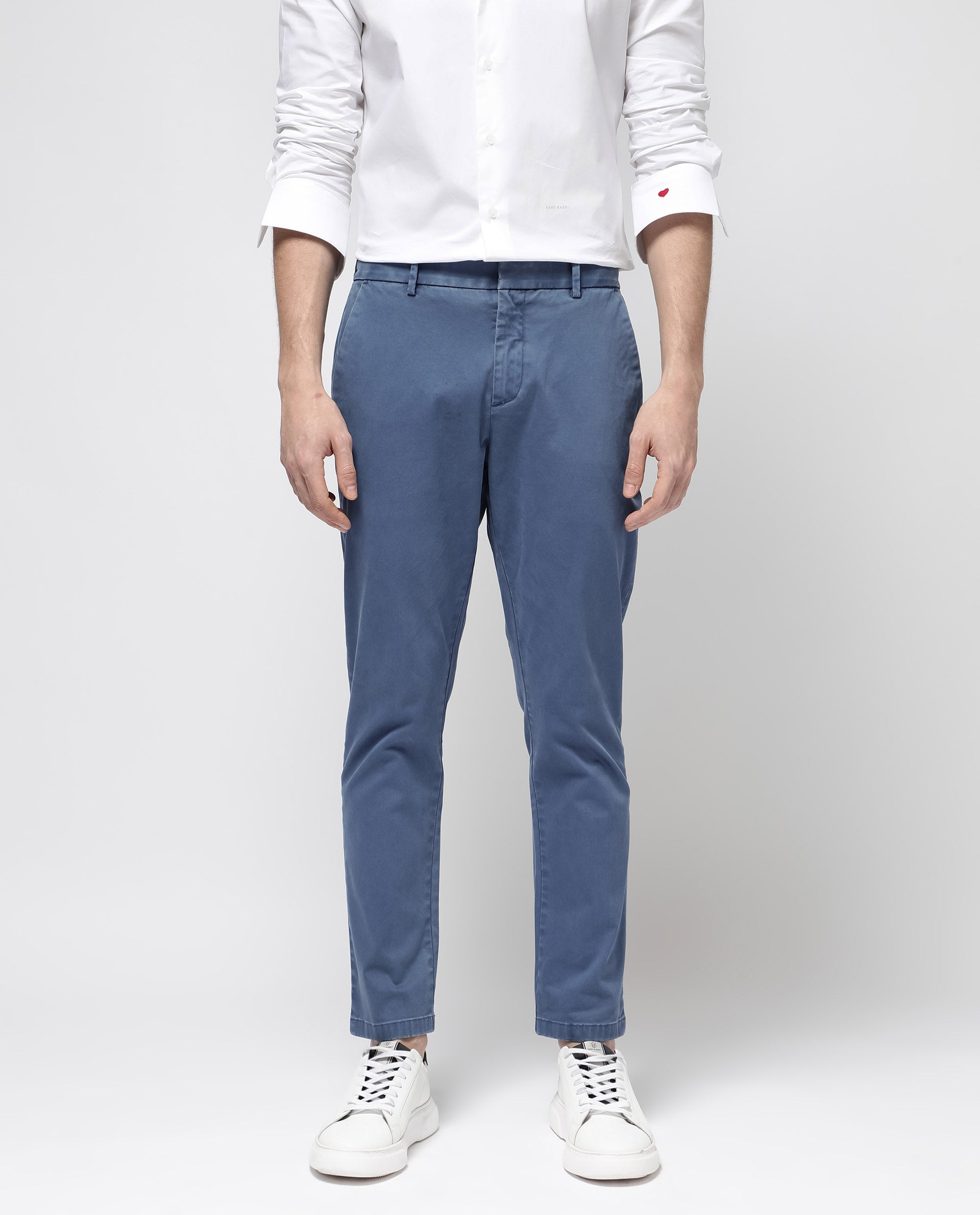 Rare Rabbit Mens Orany Blue Cotton Lycra Solid Mid Rise Overdyed Regular Fit Trouser