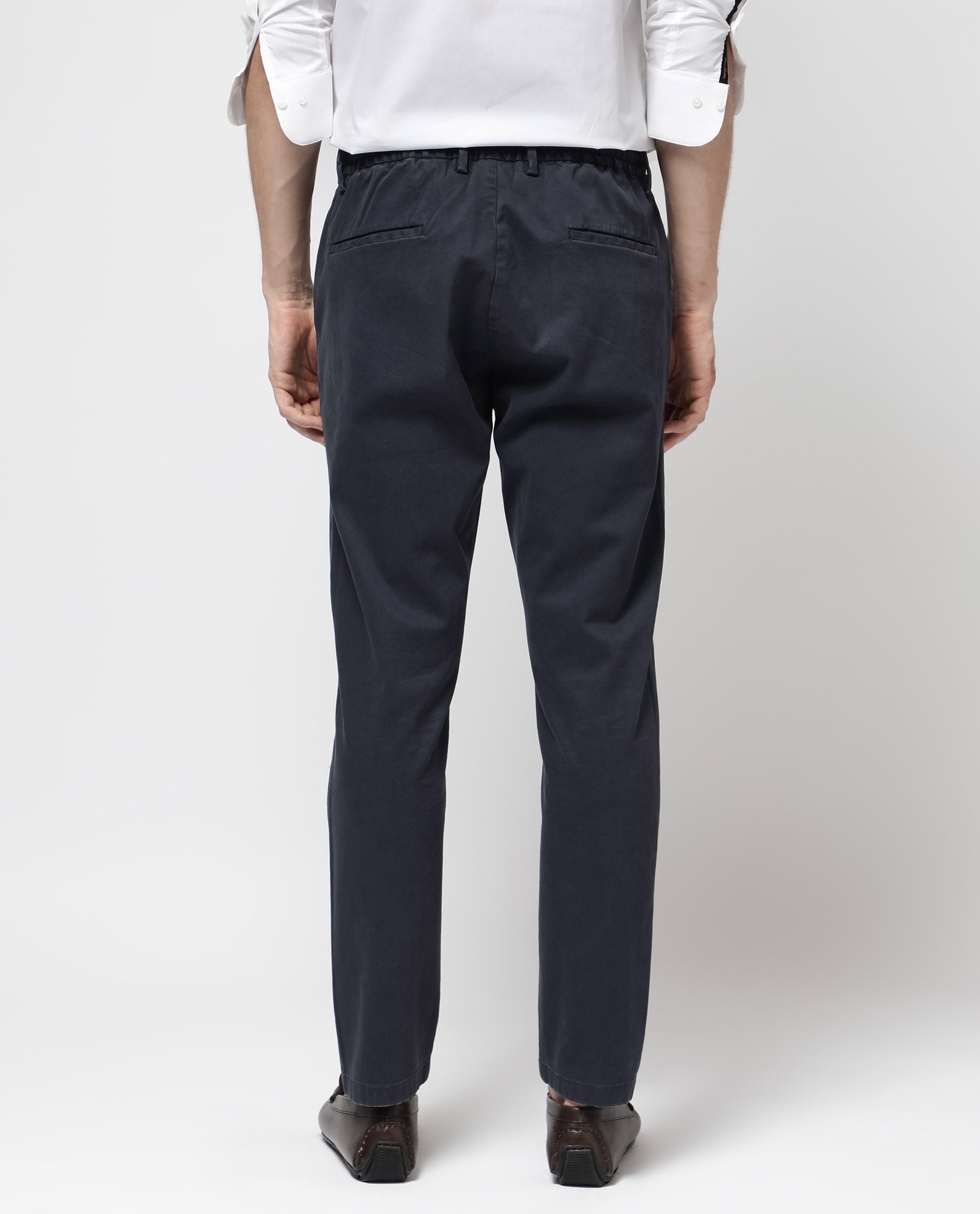 Rare Rabbit Mens Orany Navy Cotton Lycra Solid Mid Rise Overdyed Regular Fit Trouser