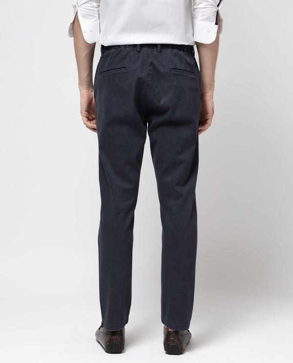 Rare Rabbit Mens Orany Navy Cotton Lycra Solid Mid Rise Overdyed Regular Fit Trouser