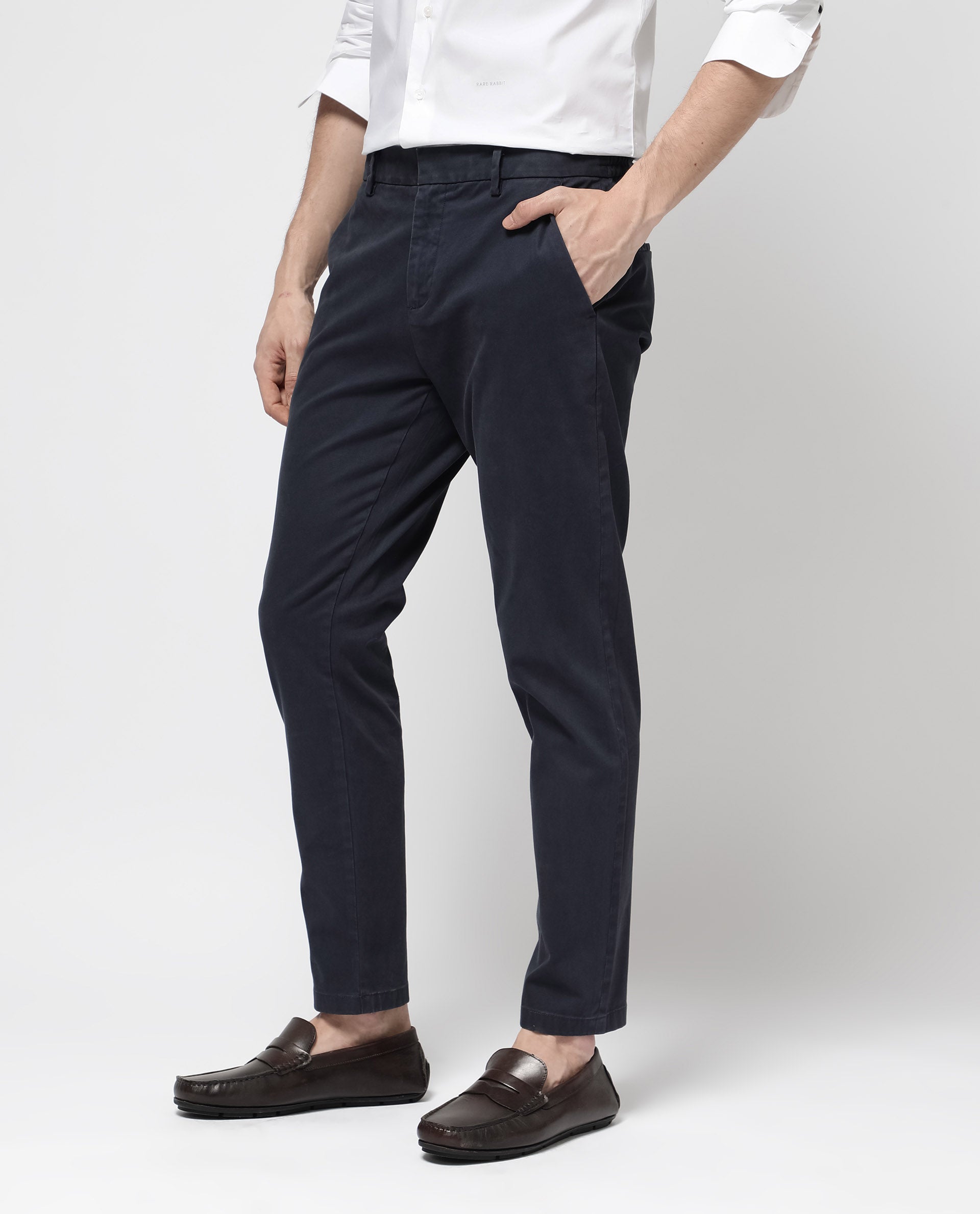 Rare Rabbit Mens Orany Navy Cotton Lycra Solid Mid Rise Overdyed Regular Fit Trouser