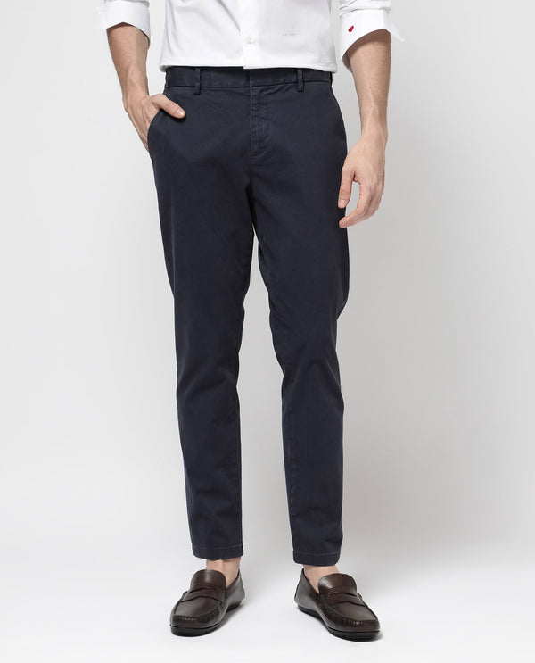 Rare Rabbit Mens Orany Navy Cotton Lycra Solid Mid Rise Overdyed Regular Fit Trouser