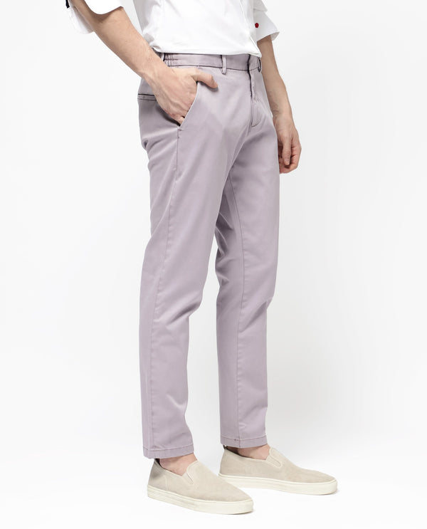 Rare Rabbit Mens Orany Pastel Purple Cotton Lycra Solid Mid Rise Overdyed Regular Fit Trouser