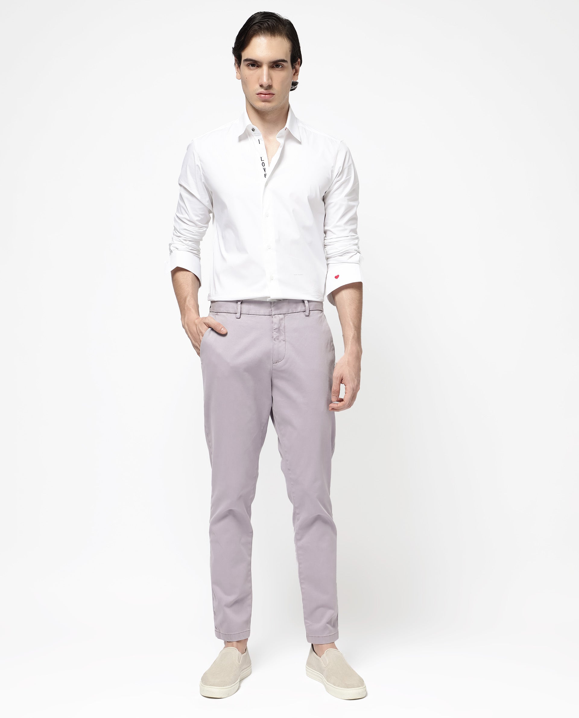 Rare Rabbit Mens Orany Pastel Purple Cotton Lycra Solid Mid Rise Overdyed Regular Fit Trouser