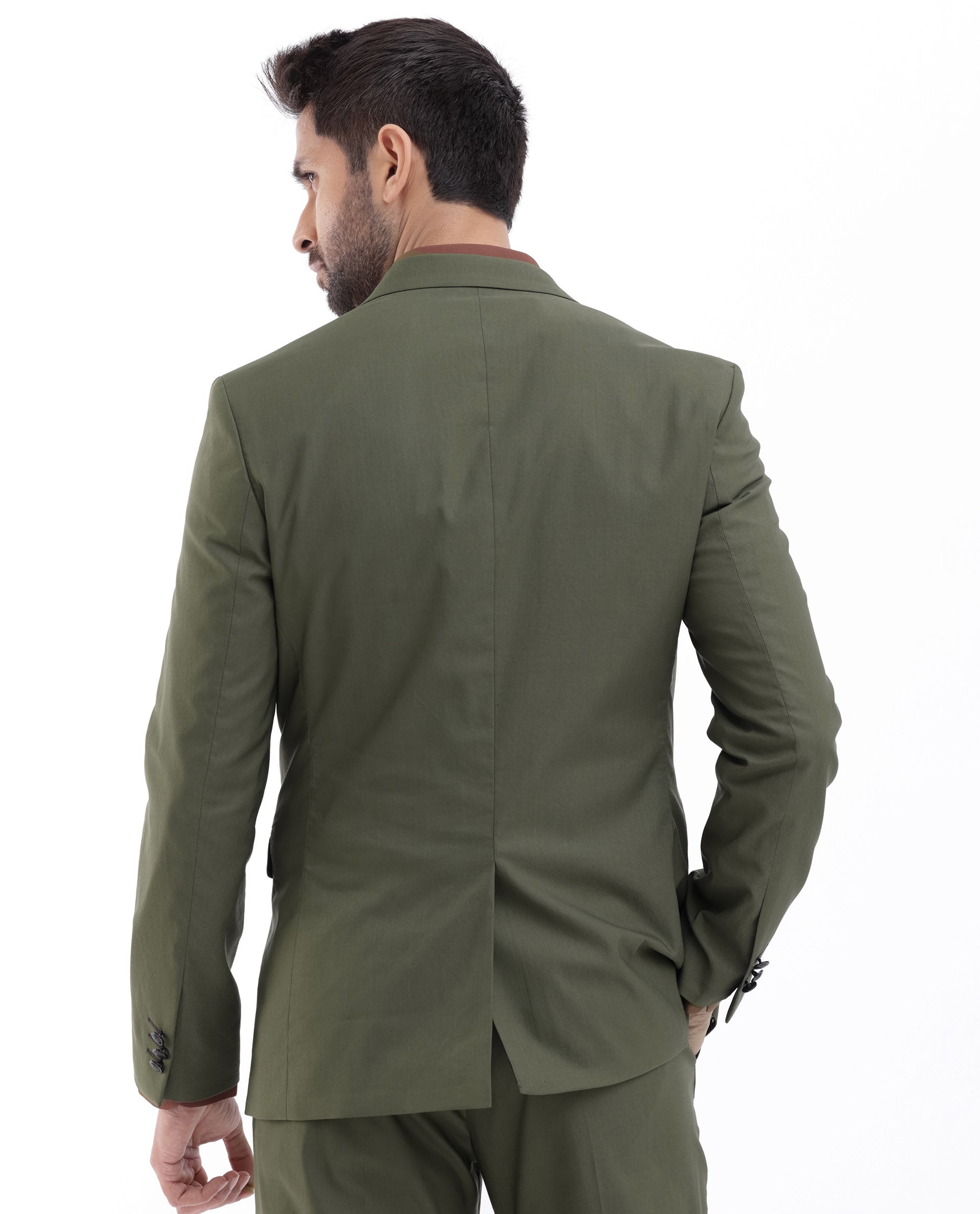 Rare Rabbit Mens Oscar Dark Olive Polyester Viscose Fabric Notch Lapel Button Closure Single Breasted Tailored Fit Solid Suits