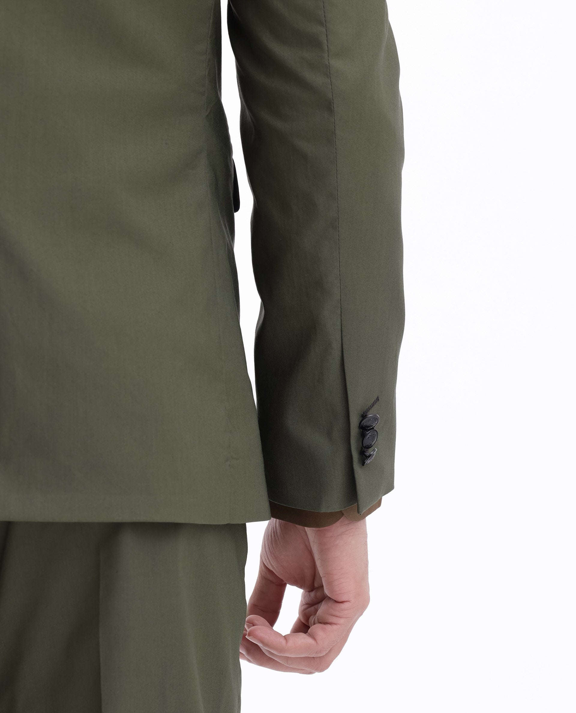 Rare Rabbit Mens Oscar Dark Olive Polyester Viscose Fabric Notch Lapel Button Closure Single Breasted Tailored Fit Solid Suits