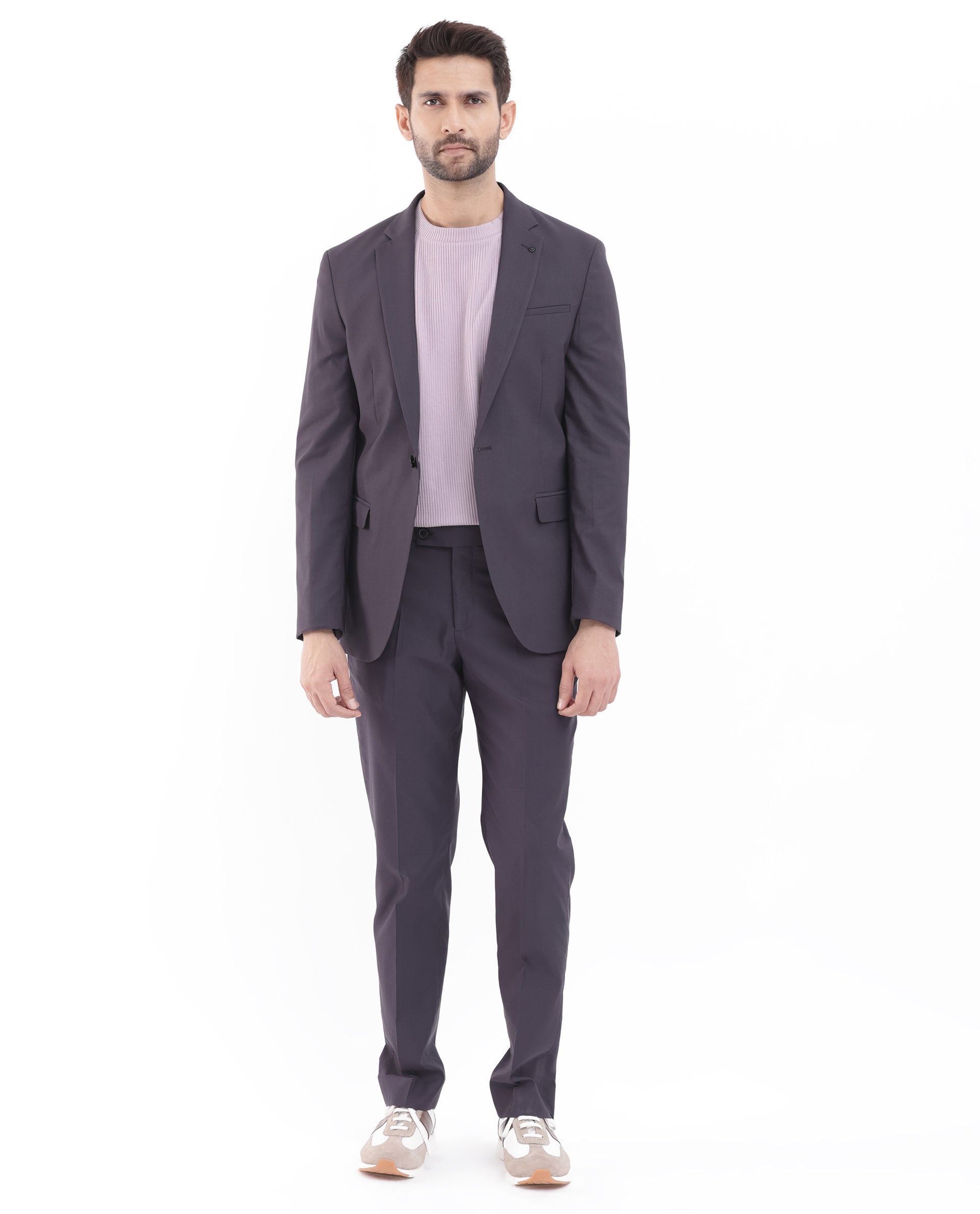 Rare Rabbit Men's Oscar Dark Purple Polyester Viscose Fabric Notch Lapel Button Closure Single Breasted Cavalry Twill Suits