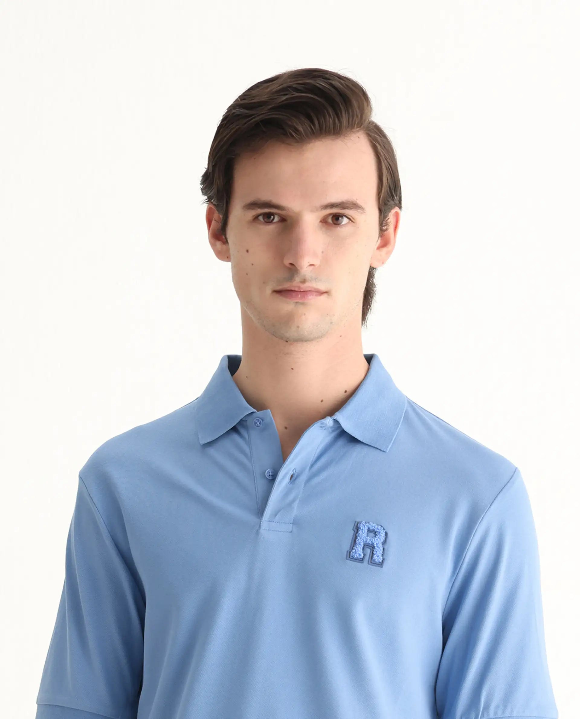 Rare Rabbit Men Otes Blue Short Sleeve Regular Fit Embroidered Branding Plain Polo