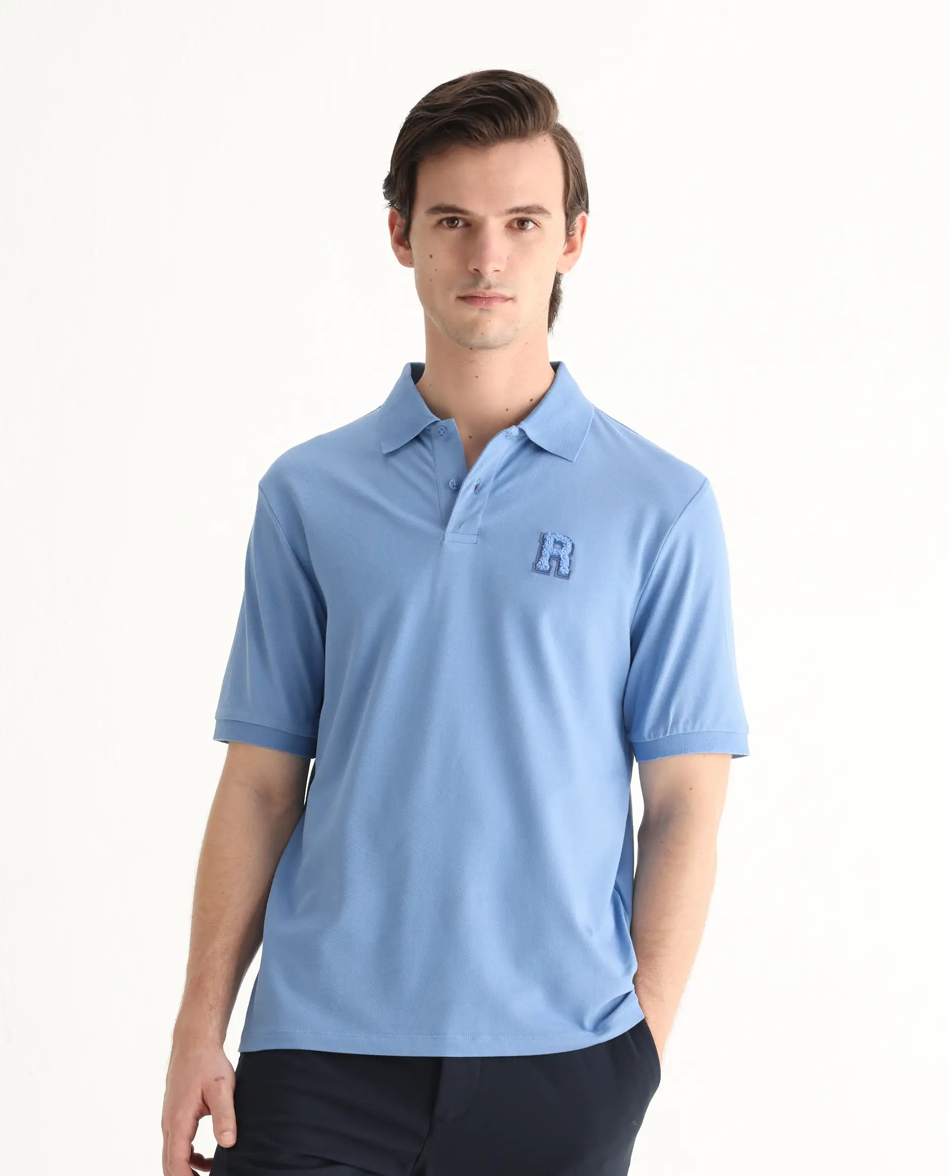 Rare Rabbit Men Otes Blue Short Sleeve Regular Fit Embroidered Branding Plain Polo