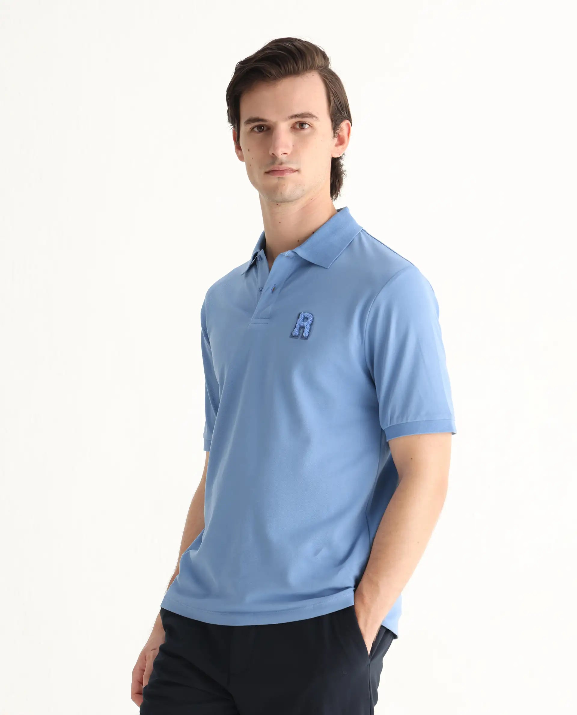 Rare Rabbit Men Otes Blue Short Sleeve Regular Fit Embroidered Branding Plain Polo