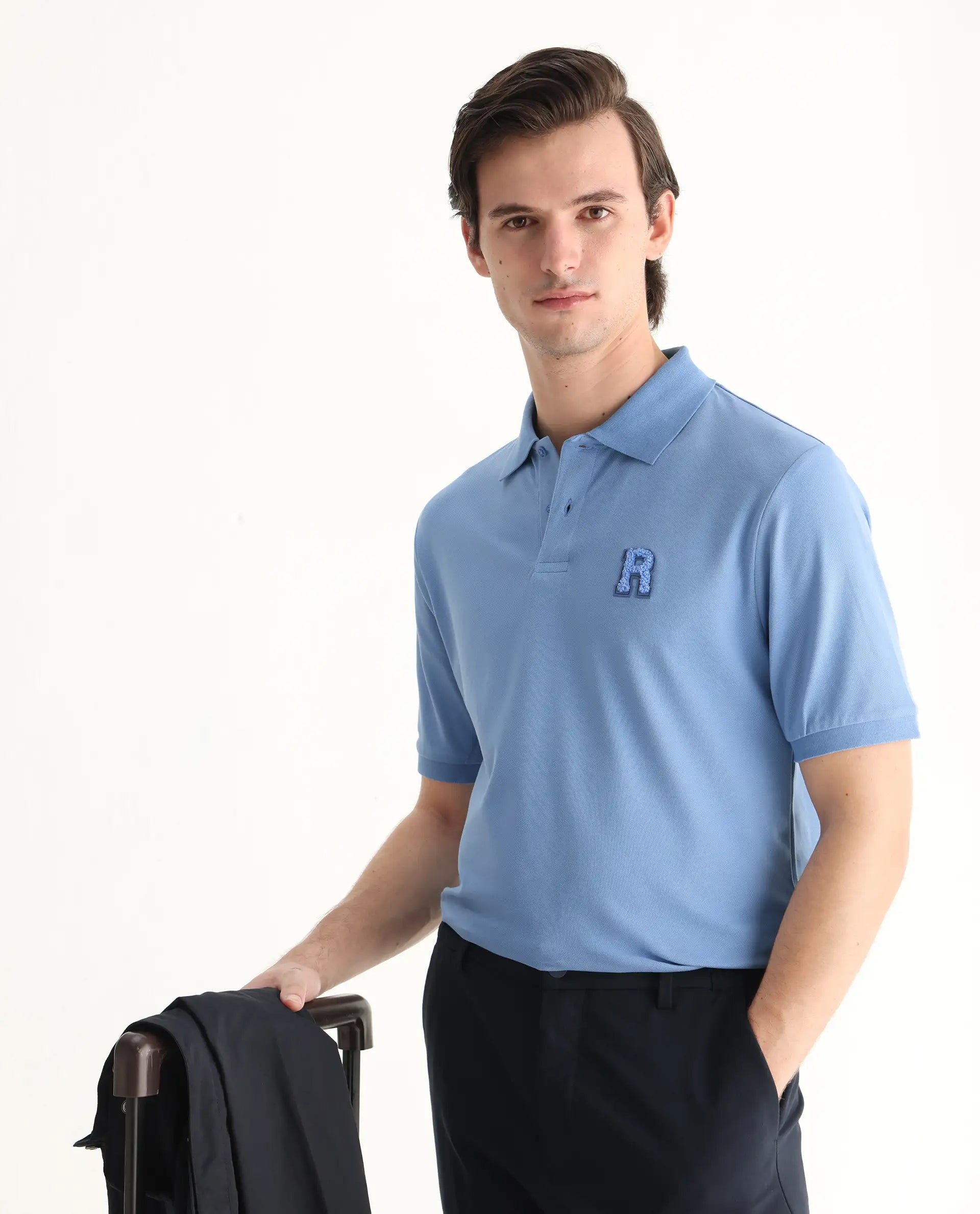 Rare Rabbit Men Otes Blue Short Sleeve Regular Fit Embroidered Branding Plain Polo