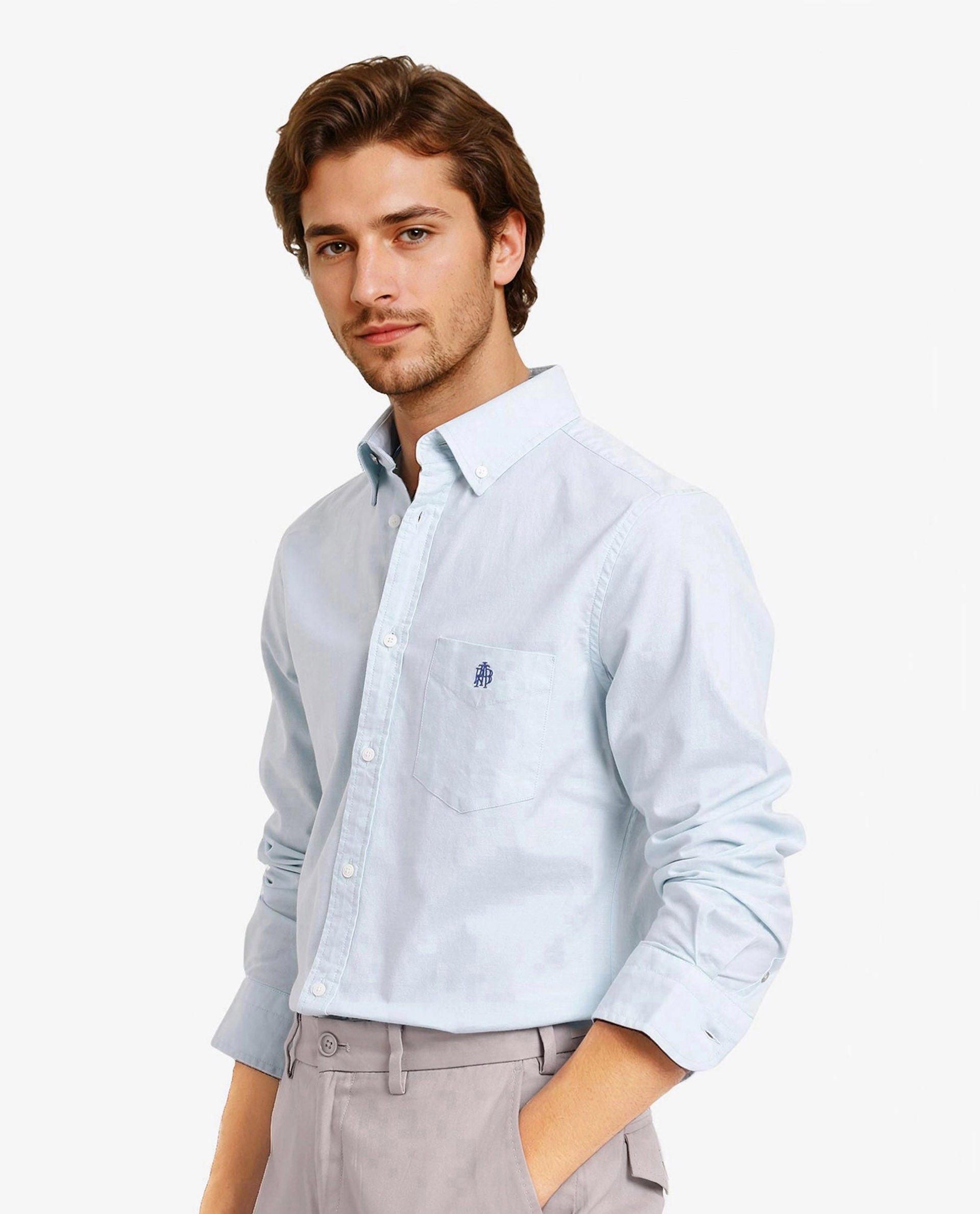 Rare Rabbit Men Oxob Pastel Turq Full Sleeve Collared Neck Button Closure Regular Fit Plain Shirt