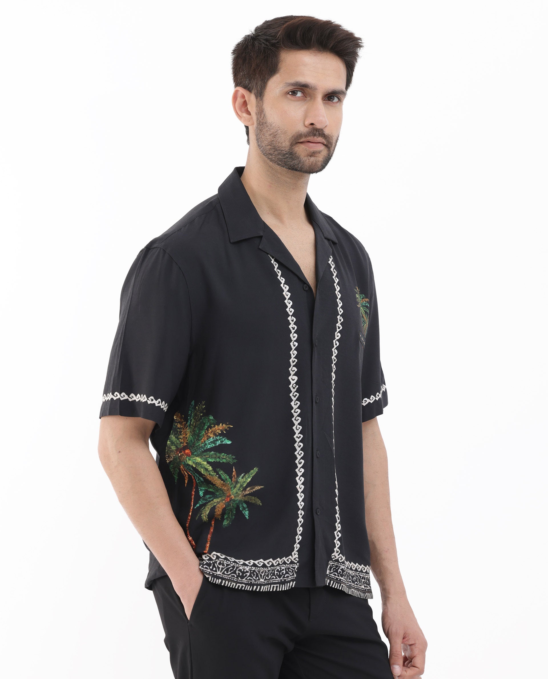 Rare Rabbit Men's Palms Black Viscose Fabric Cuban Collar Half Sleeves Boxy Fit Placement Tropical Print Bowler Shirt