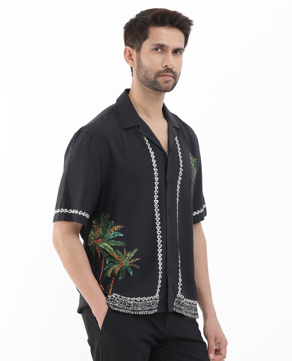 Rare Rabbit Men's Palms Black Viscose Fabric Cuban Collar Half Sleeves Boxy Fit Placement Tropical Print Bowler Shirt