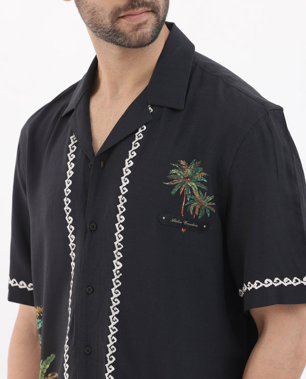 Rare Rabbit Men's Palms Black Viscose Fabric Cuban Collar Half Sleeves Boxy Fit Placement Tropical Print Bowler Shirt