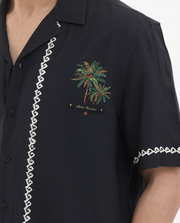 Rare Rabbit Men's Palms Black Viscose Fabric Cuban Collar Half Sleeves Boxy Fit Placement Tropical Print Bowler Shirt