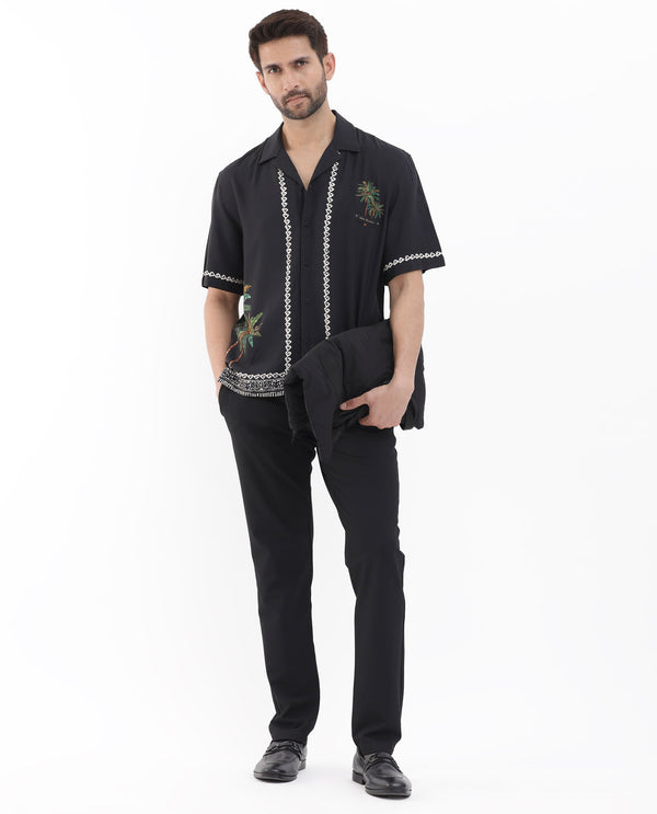 Rare Rabbit Men's Palms Black Viscose Fabric Cuban Collar Half Sleeves Boxy Fit Placement Tropical Print Bowler Shirt
