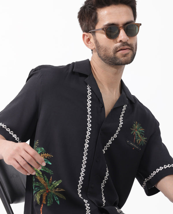 Rare Rabbit Men's Palms Black Viscose Fabric Cuban Collar Half Sleeves Boxy Fit Placement Tropical Print Bowler Shirt