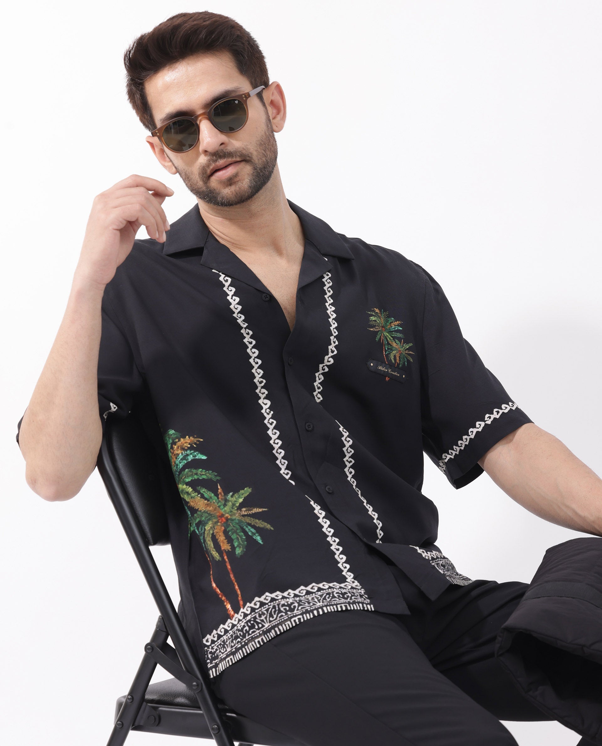 Rare Rabbit Men's Palms Black Viscose Fabric Cuban Collar Half Sleeves Boxy Fit Placement Tropical Print Bowler Shirt
