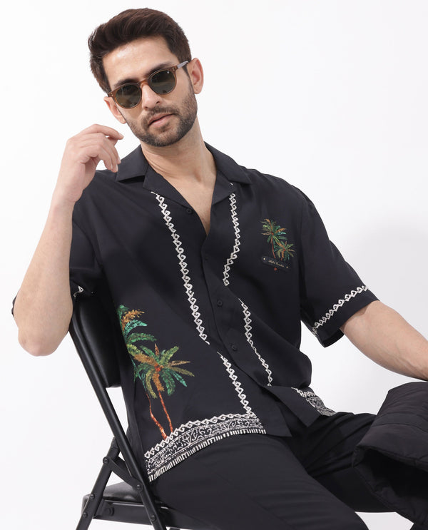 Rare Rabbit Men's Palms Black Viscose Fabric Cuban Collar Half Sleeves Boxy Fit Placement Tropical Print Bowler Shirt