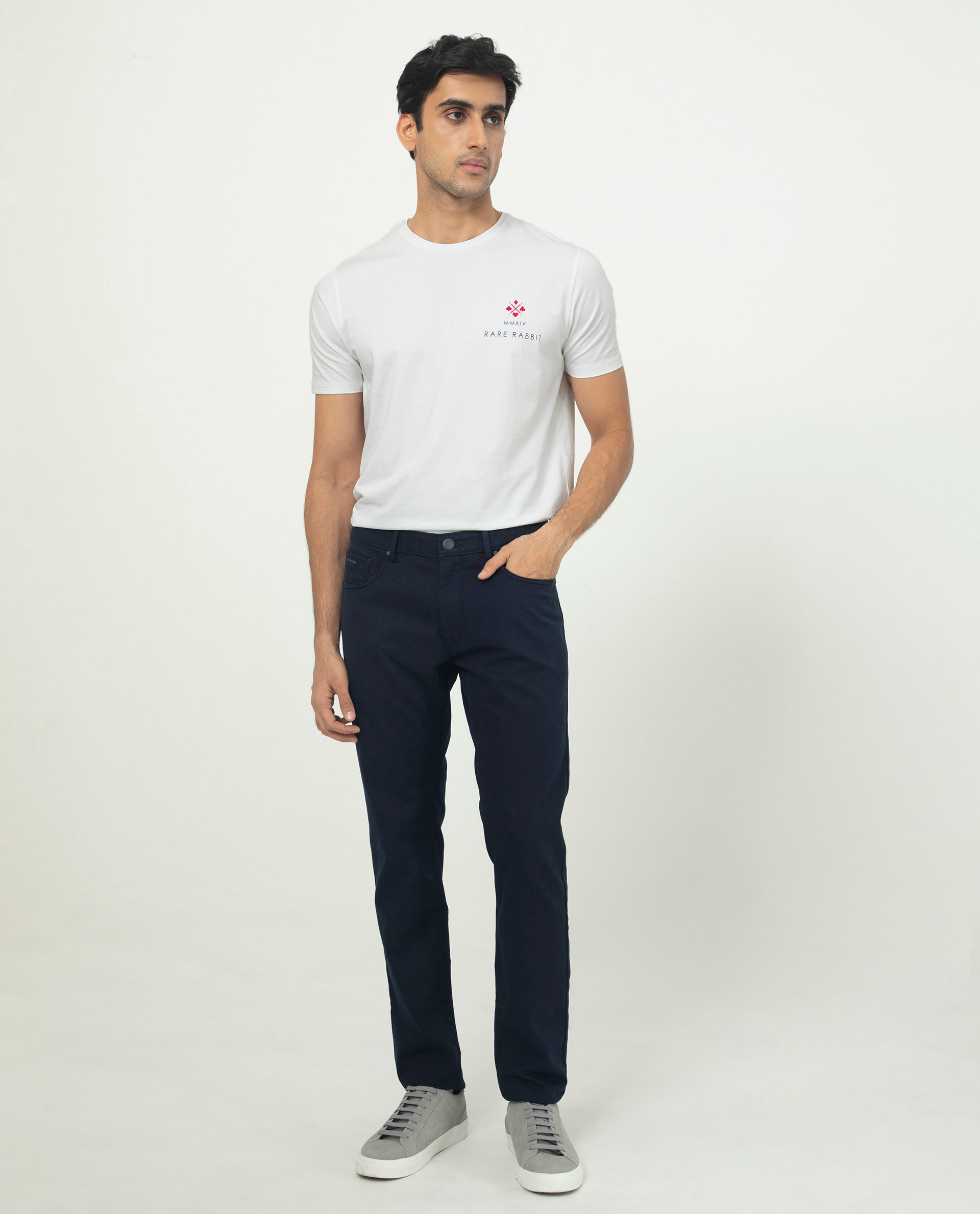 Rare Rabbit Men's Poke-2 Navy Solid Mid-Rise Regular Fit Trouser
