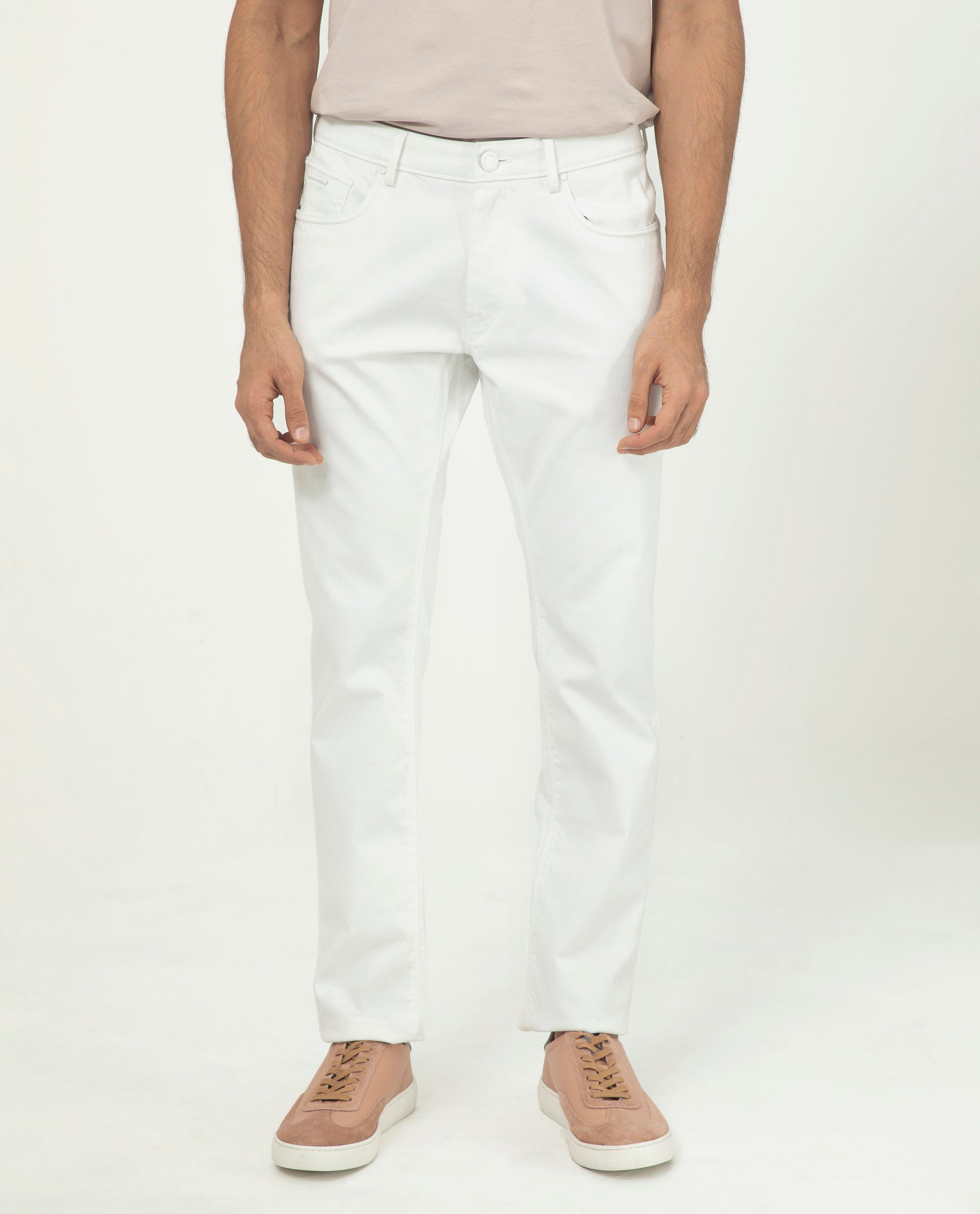 Rare Rabbit Men's Poke-2 White Solid Mid-Rise Regular Fit Trouser